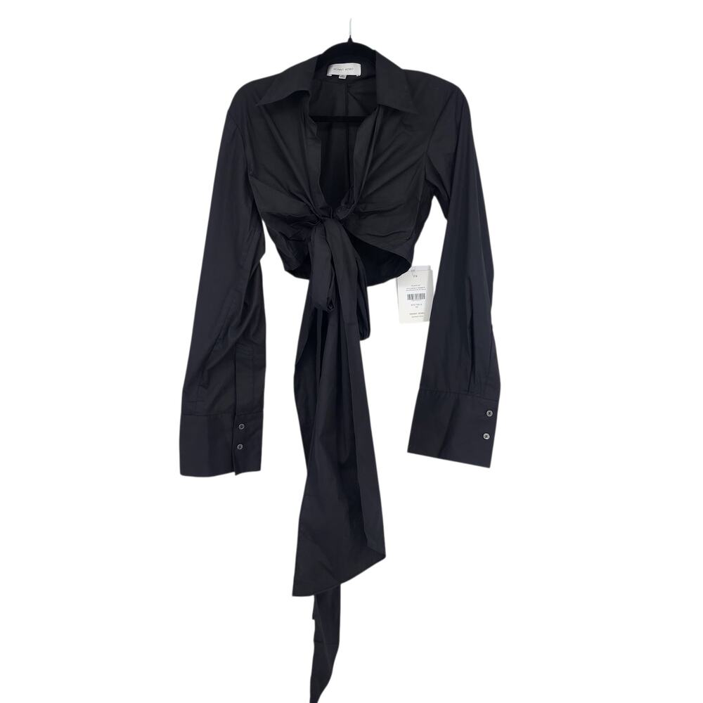 NWT Ronny Kobo Palmer Wrap Tie Black Cotton Long Flare Sleeve Crop Top Size XS